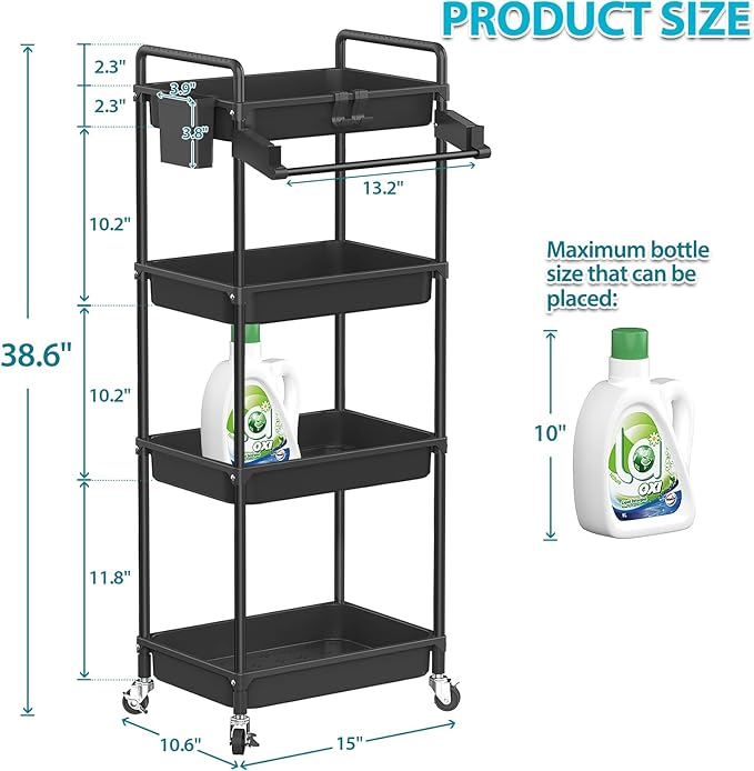 SPACEKEEPER Rolling Storage Cart, 4-Tier Bathroom Organizer Utility Cart Laundry Room Organization Mobile Shelving Unit with Towel Rack, Lockable Wheel, Hooks & Cup for Kitchen Bedroom Office, Black