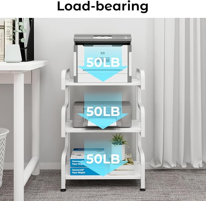 Natwind 3-Tier Printer Stand with Wheels Movable Storage Cart Floor-Standing Multi-Purpose Shelf Rack for Media Player Scanner Files Books Microwave Oven in Kitchen Living Room Home Office (White)