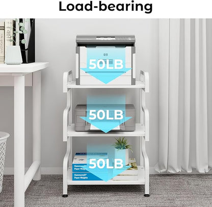 Natwind 3-Tier Printer Stand with Wheels Movable Storage Cart Floor-Standing Multi-Purpose Shelf Rack for Media Player Scanner Files Books Microwave Oven in Kitchen Living Room Home Office (White)