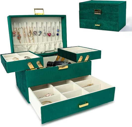 Dajasan Jewelry Organizer Box, Large Velvet Jewelry Boxes for Women Girls, Compact 3 Layers Jewelry Storage Case with Drawer, Movable Metal Stand, Modern, Gift Idea (Green)