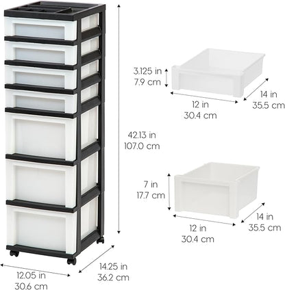 IRIS USA Plastic Drawer Storage Organizer Rolling Cart, with Wheels Casters, 7-Drawers, for Classroom Art Craft Supplies Dresser Closet Bathroom Laundry Room, Black/Pearl