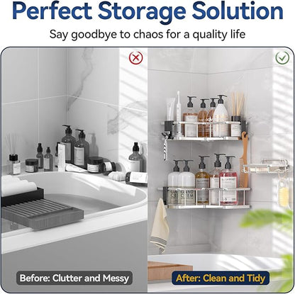 YASONIC Corner Shower Caddy Organizer, Self-Adhesive Rustproof Bath Shelves with Soap Holder & 4 Hooks, Large Capacity Shower Storage Rack for Bathroom Organization, (3Pack, Silver)