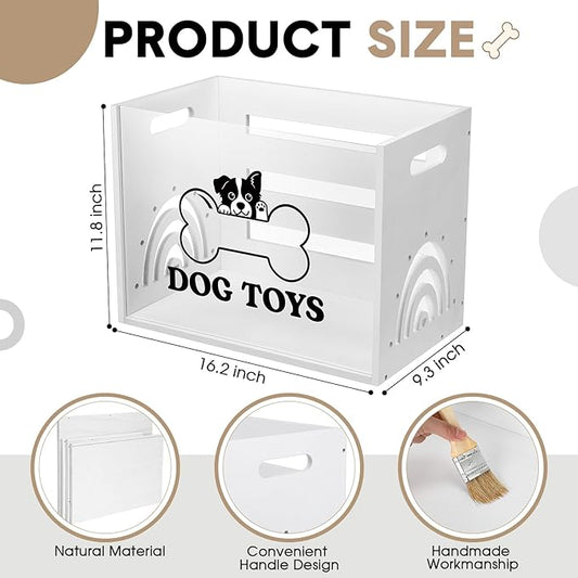 Dog Toy Box Large Wooden Dog Toy Chest with Handle Wooden Storage Bin with Acrylic Board Storage Box for Puppy Toys Pet Food and Accessories Organizer Holder Basket for Living Room Area(White, Dog)