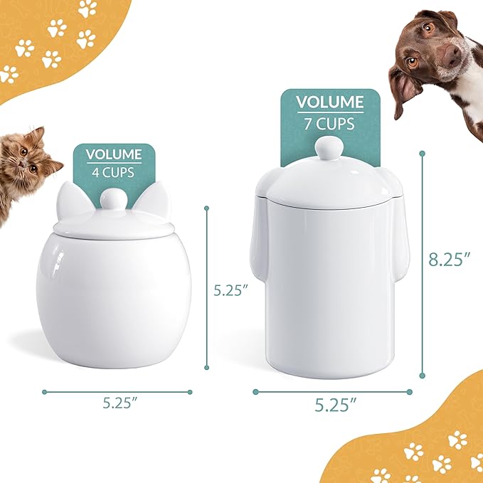 Barnyard Designs Dog and Cat Treat Container Set of 2 – Airtight Ceramic Treat Canisters with Lids, Rustic White Storage Jars for Kitchen Counter (Dog & Cat)