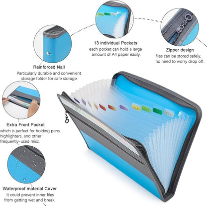 NAFY Expanding File Folders, 2Pack, 13 Pockets, A4 Letter Size, Portable Accordion, Zipper, Multicolor Labels, Office School Supplies, Black+Blue