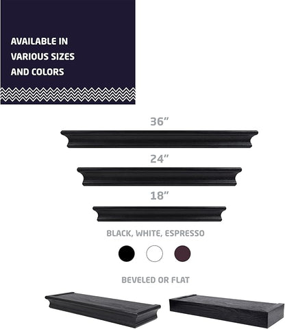 HIGH & MIGHTY 515655 Decorative 18" Floating Shelf Holds up to 15lbs, Easy Tool-Free Dry Wall Installation, Beveled, eCommerce Packaging, Black