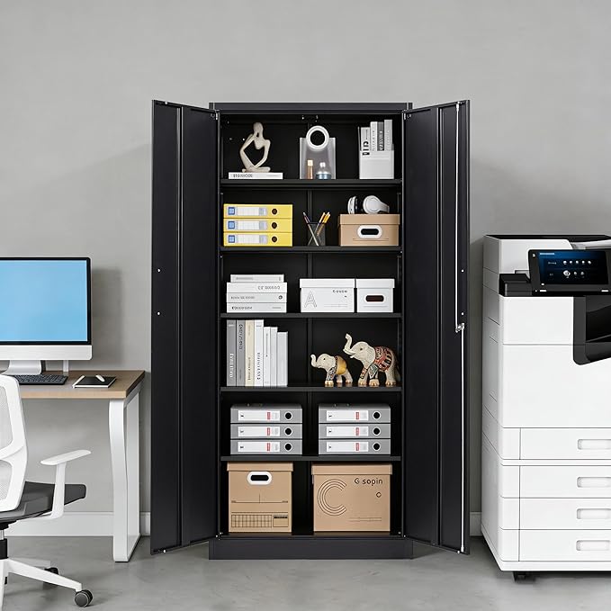 Metal Storage Cabinet with Lock,72" Tall Storage Cabinet with Doors and Adjustable Shelves,Steel Locking Cabinets for Garage,Home Office,Pantry,School,Hospital(Black)