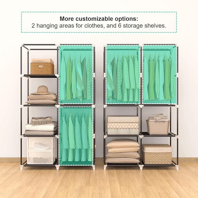 35 Inch Portable Closet for Small Room, Clothing Organizer Storage Rack with Non-Woven Fabric Cover, 1 Clothes Hanging Rod, 6 Storage Shelves, Black