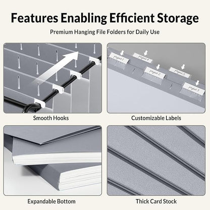 SUNEE 25 Pack Hanging File Folders, Gray Folders, Hanging File Folders Letter Size with 1/5-cut Tabs, Stay Organized for Your Home and Office Bulk File and Documents
