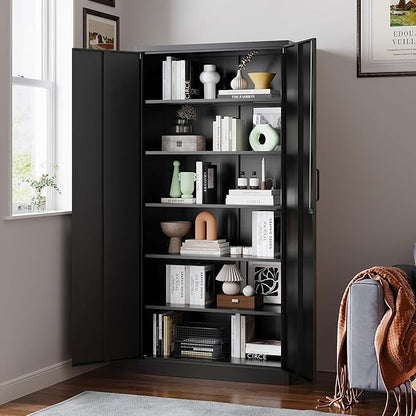 Metal Garage Storage Cabinet, 71" Locking Cabinet with 2 Doors and 4 Adjustable Shelves, Black