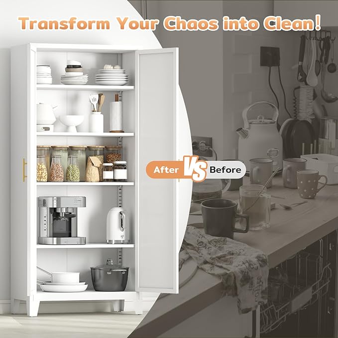 71'' Tall Metal Pantry Cabinet with 2 Doors, Freestanding Kitchen Storage Cabinet with 4 Adjustable Shelves, Steel Cupboard for Kitchen, Pantry, Dining Room, Living Room, Bathroom, White
