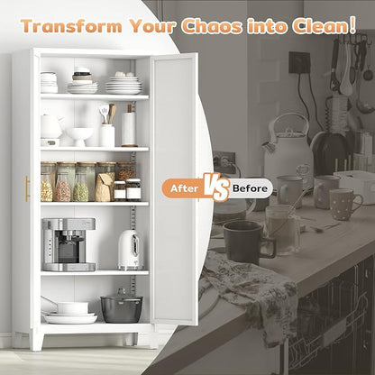 71'' Tall Metal Pantry Cabinet with 2 Doors, Freestanding Kitchen Storage Cabinet with 4 Adjustable Shelves, Steel Cupboard for Kitchen, Pantry, Dining Room, Living Room, Bathroom, White