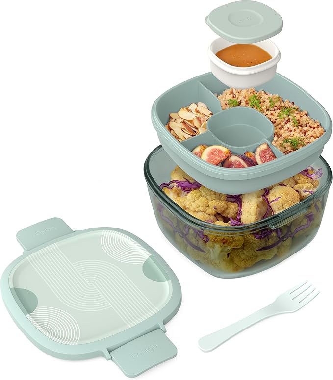 Bentgo Glass Prints Salad Container - 7.6-Cup Tinted Glass Salad Bowl with Airtight Lid, Leak-Proof Sauce Container, 4-Compartment Bento Meal Prep Tray & Reusable Fork (Mod Curve - Serene Green)
