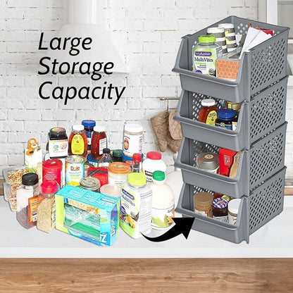 TidyFriend 4 Pack Stackable Storage Bins Open Front for Pantry Organizers and Storage, Plastic Storage Bins for Garage Organization, Garage Storage Bins for Shelves, Racks, Tools & Supplies (Grey)