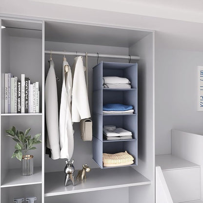 Hanging Closet Organizer, Easy Mount Foldable 4-Shelf Hanging Closet Wardrobe Storage Shelves, Clothes Handbag Shoes Accessories Storage, Washable Oxford Cloth Fabric, Gray