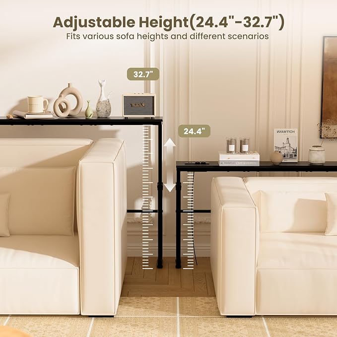 Aduanbang Adjustable Height Narrow Console Table with 2 Power Outlets, 39.4" Long x 5.9" Wide, Slim Behind Sofa Table, Black – Ideal for Living Room, Entryway, or Hallway