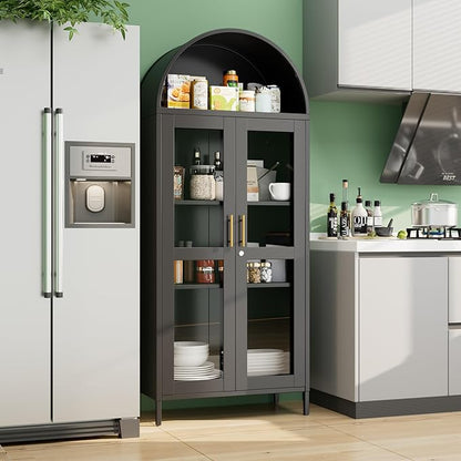Metal Arched Cabinet with Lock, Arch Display Bookcase with Glass Doors/Shelves, Modern Freestanding Kitchen Pantry Storage Cabinet for Dining Room, Home, Office, Assembly Required (Black)