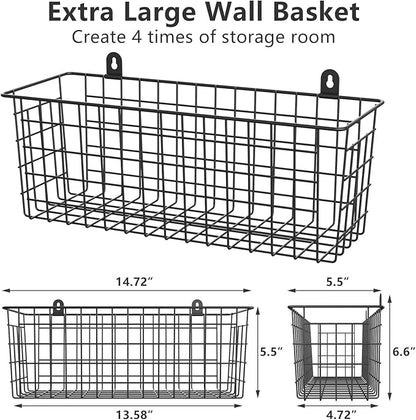 MaraFansie Extra Large Hanging Wall Basket 4-Pack Wall Mounted Wire Basket Cabinet Storage Bin Organizer Wall Shelves Farmhouse Decor for Home Kitchen Bathroom, Black