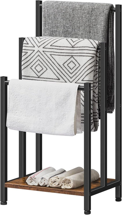 HOOBRO Free Standing Towel Rack, 3 Tier Blanket Rack, Blanket Holder for Bathroom, 16.9" L x 11" W x 31.9" H, Industrial Metal Drying and Display Rack with Shelf, Rustic Brown and Black BF03LB01
