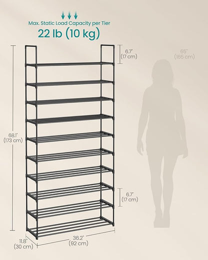 SONGMICS Shoe Rack, 10-Tier Shoe Organizer, Metal Storage Shelf, Upright or Upside Down, for 44-55 Pairs, for Entryway, 11.8 x 36.2 x 68.1 Inches, Black ULSA011B01