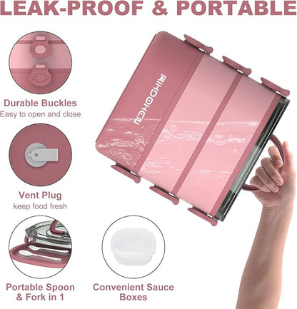 Lunch Box, Stackable 3 Layers Containers, Portable 94OZ Large Capacity Leakproof Bento Box with Spoon & Fork & Sauce Boxes, Microwave Safe Lunch Box for Kids and Adults