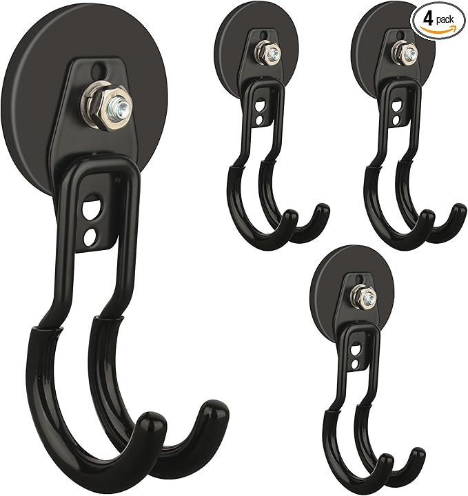 ULIBERMAGNET New Upgraded Garage Magnetic Hooks, 4 Pack Black Heavy Duty Large J Hooks with Magnet, Black Strong Anti-Slip Coating Magnet Hooks for Garden Tools, Ropes,Drill,Metal Cabinet,Pegboard