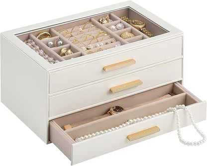 Lolalet Jewelry Box Organizer, 3-Layer Jewelry Organizers and Storage Case with Glass Lid, Ring Earring Bracelet Necklace Holder Organizer, Birthday Valentine Gifts for Women Girls -3Layer, Beige
