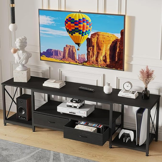 GYIIYUO TV Stand with Fabric Drawer for 50 55 Inches TV - Entertainment Center and Industrial TV Console Table with Open Storage Shelves for Living Room, Bedroom - 47" Black