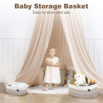 Dog Toy Basket, Toy Box and Bin for Dog Cat Storage, 19.7" X 11" X 7.9" (30L) Large Woven Rope Basket for Blanket Storage, Living Room, Bedroom, White & Brown