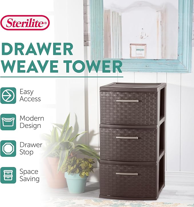 Sterilite 3 Drawer Plastic Wicker Weave Decorative Storage Organization Container Cabinet Tower with Driftwood Handles, Espresso (2 Pack)