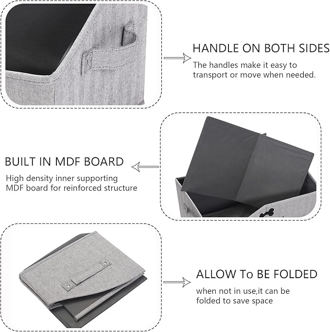 Geyecete dog toy basket Large dog toy bin dog toy box storage box - Foldable Fabric Trapezoid Organizer Boxes with Handle, Collapsible Basket for Dog Toys (Striped Gray-DOG)