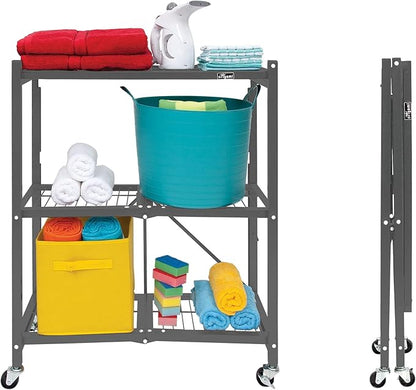 Origami 3-Tier Foldable Storage Shelves, Heavy Duty Rolling Shelf Rack with Wheels, Pewter