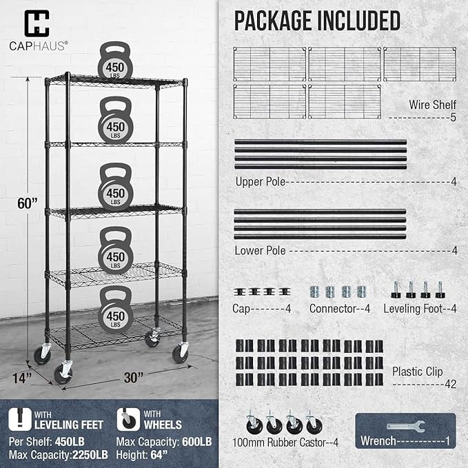 CAPHAUS NSF Commercial Grade Heavy Duty Wire Shelving w/Wheels, Leveling Feet & Liners, Storage Metal Shelf, Garage Shelving, Utility Wire Rack Shelves, 30 x 14 x 64 5-Tier w/o Liner