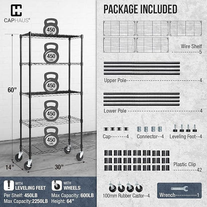 CAPHAUS NSF Commercial Grade Heavy Duty Wire Shelving w/Wheels, Leveling Feet & Liners, Storage Metal Shelf, Garage Shelving, Utility Wire Rack Shelves, 30 x 14 x 64 5-Tier w/o Liner