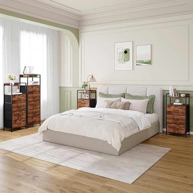 Somdot Night Stand with 4 Drawers, Vertical Storage Tower Fabric Dresser for Bedroom, Nightstand Bedside Table Furniture, Sturdy Steel Frame, Wooden Top & Easy Pull Fabric Bins, Wood Grain Print