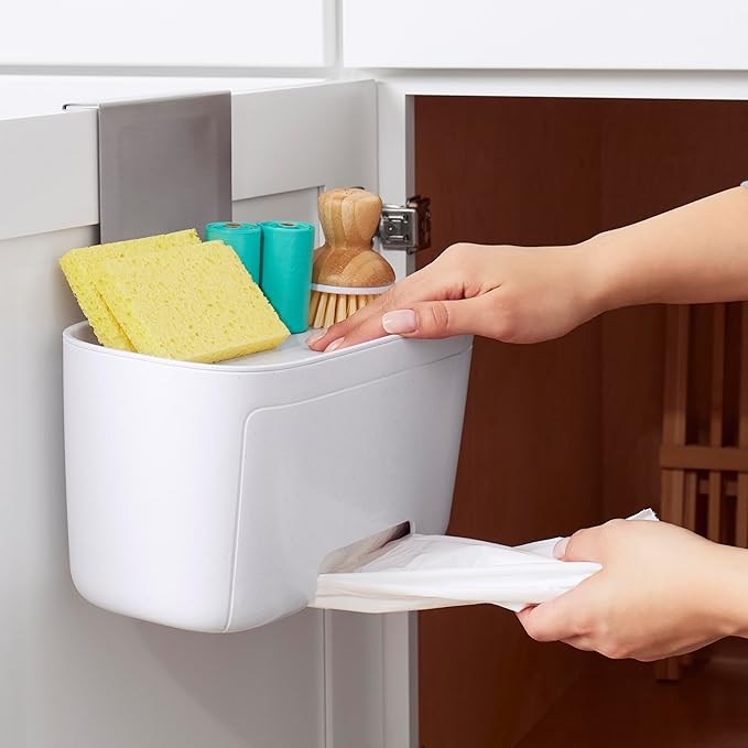 YouCopia DoorStash Garbage Bag Dispenser, Hanging Kitchen Cabinet Door Trash Bag Organizer with Removable Lid for Storage, Speckled White