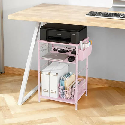 Small Under Desk Storage, Pink Printer Stand with Storage Shelf, 3-Tier Height Adjustable Printer Table with Basket & 3 Hooks for Home Office Fax Machine Scanner Files