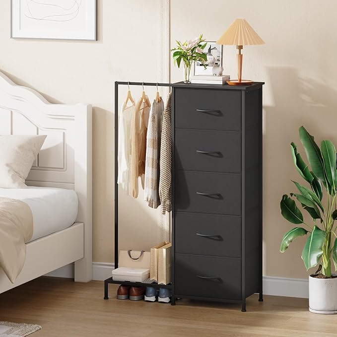 Somdot Dresser with Hanging Rack, 5 Drawers Small Closet for Bedroom, Reversible Dresser with Clothes Rack, Kids Dressers for Bedroom Chest of Drawers, Tall Storage Tower, Black