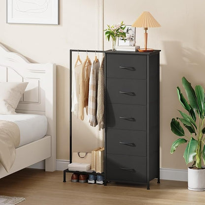 Somdot Dresser with Hanging Rack, 5 Drawers Small Closet for Bedroom, Reversible Dresser with Clothes Rack, Kids Dressers for Bedroom Chest of Drawers, Tall Storage Tower, Black