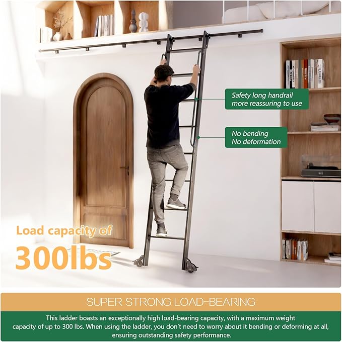 87" Attic Rolling Library Ladder,7 Step Aluminum Ladder with,with 4FT Sliding Hardware Track Kit Bottom Wheel Included&Handrail,Loft Ladder,Wall Stairs Stair Platform Bunkbed Ladder