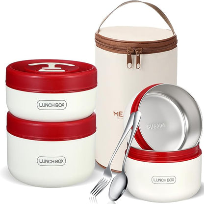 Dandat 3 Pcs Portable Insulated Lunch Container Set for Adult, Stackable Stainless Steel Bento Box for Hot Food with Insulated Lunch Bag Unisex 3 Separate Thermal Food Container(Red)