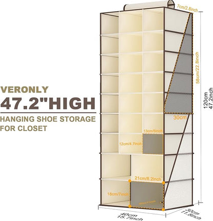 VERONLY Hanging Shoe Organizer for Closet-Collapsible Storage Rack with 25 Sections & 4 Side Pockets, Hanging Shoe Shelves for Hats,and Clothes, Beige