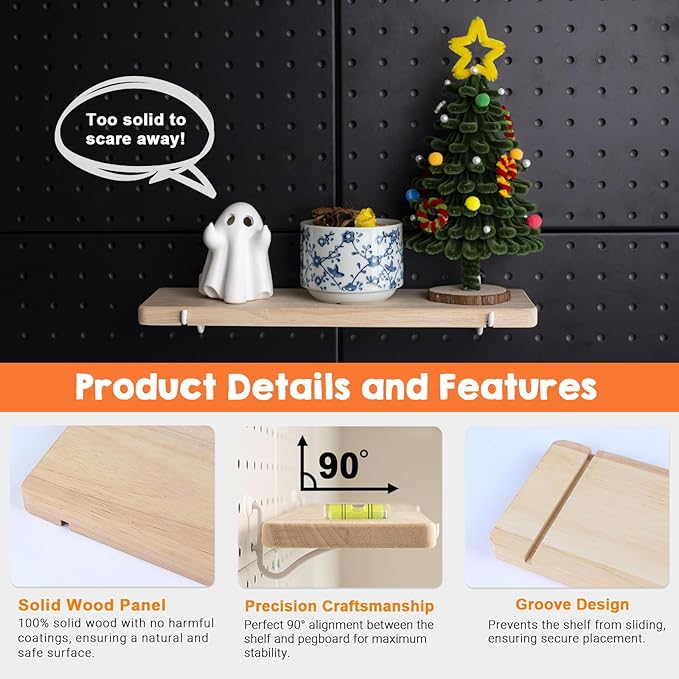 Solid Wood Pegboard Shelf, High Balance and No tilt, Pegboard Accessories, Wooden Pegboard Shelves for 1/4" Pegboard,1 Pack