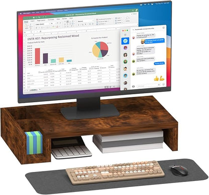 Wooden Single Monitor Stand Riser, 16" Long with Storage Pen Holders, Laptop Desk Stand, Desktop Shelf Office Desk Accessories, Computer Monitor Riser for Home Office, Rustic Brown (Single)