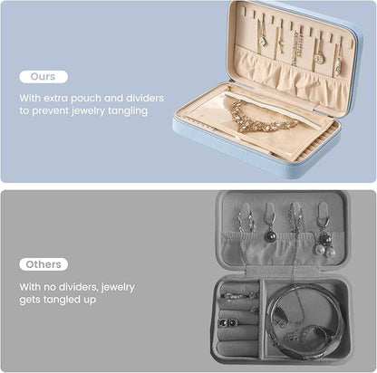 Lolalet Travel Jewelry Case for Women Girls, Travel Jewelry Organizer Box with Mirror & Clear Storage Bag, Small Portable Earring Necklace Bracelet Ring Case, Birthday Valentine Gifts -Large, Blue