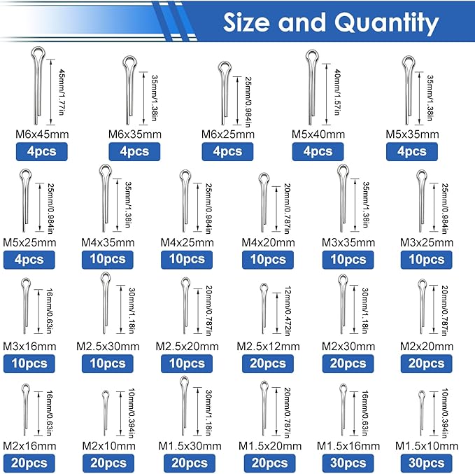 304Pcs Cotter Pins 24-Sizes 304 Stainless Steel Cotter Pins Assortment Kit Used for Hitch Lock System, Trucks, Engine Repair
