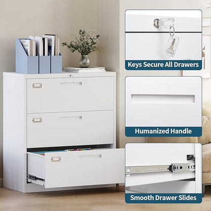 MIIIKO 3 Drawer Lateral File Cabinet with Lock, White Lateral Filing Cabinet, Large Deep Drawers Locked by Keys, Metal Storage File Cabinet for Hanging Files Letter/Legal/F4/A4 Size