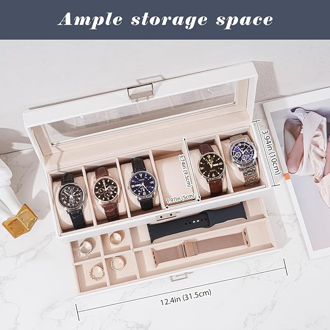 ProCase Watch Box, 6 Slot Watches Display Case with Drawer, Mens Watch Case with Glass Lid, 2-Layer Mens Jewelry Organizer Storage Holder, Birthday Valentine Gifts for Men -6 Slot, White