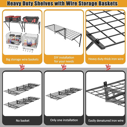 2 Pack Garage Shelves Wall Mounted with Wire baskets, Heavy Duty Garage Wall Shelving with Hooks, Wire Shelf Baskets Tool Organizer for Home Garden Garage Organization and Storage