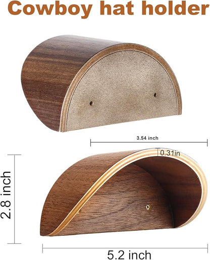 Cowboy Hat Rack for Wall,2 Pack Wooden Hat Holder,with Satin Finish Hat Hooks,Non-Damage Brim Design Can Keeps Original Shape of Hat, for Western Hat Organizer (Walnut Wood)
